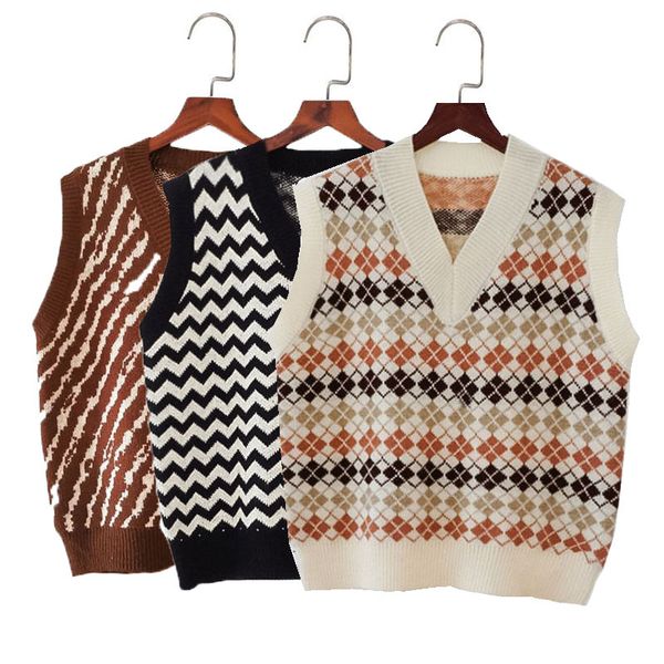 

preppy style vintage geometric woman sweaters vest tank 2020 autumn new design loose casual sleeveless v-neck knitted vest, Black;white