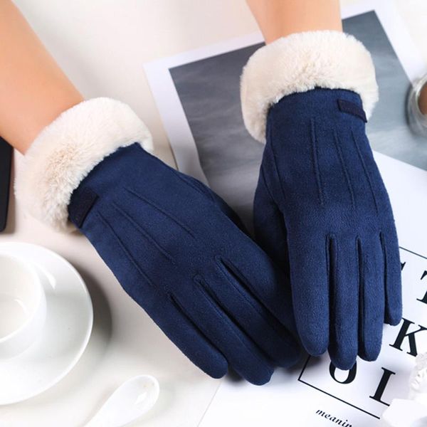 

five fingers gloves winter female double thick plush wrist warm cashmere cute cycling mittens women suede leather touch screen driving glove, Blue;gray