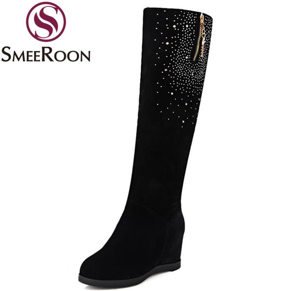 

smeeroon grind arenaceous knee high boots height increasing rhinestone winter boots flock classic fashion women's shoes, Black