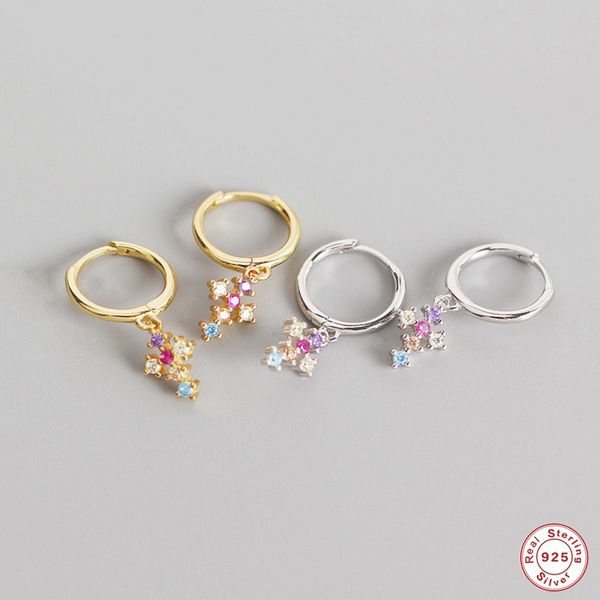 

hoop & huggie solid 925 sterling silver fine jewelry luxury sparkling colorful cross hoops earring for woman girls lovers' rainbow pend, Golden;silver