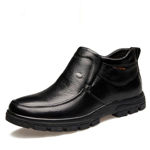 

men winter boots warm thicken fur men's ankle boots fashion male business office formal leather shoes zapatos de hombre rubber, Black