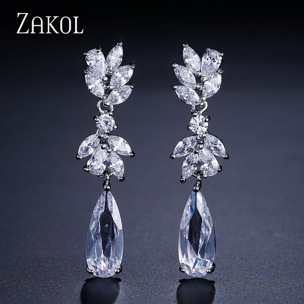 

dangle & chandelier zakol white color austrian flower shape zircon water drop crystal pendant earrings for bridal wedding jewelry fsep050, Silver
