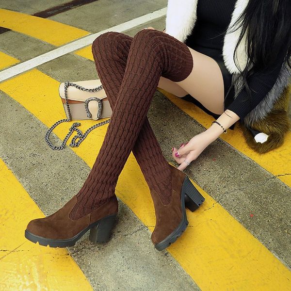 

woman sock boots heels over the knee botas feminina woolen woman long elastic botinesautumn winter new brand knitting plush, Black