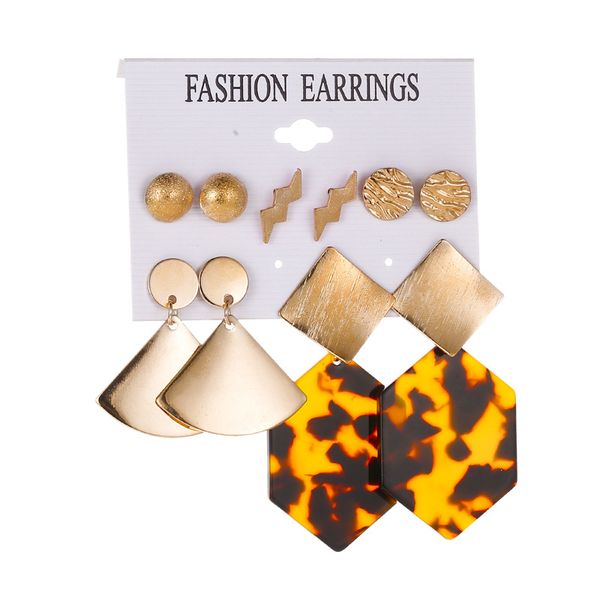 

stud selling set ear geometric 5-piece earrings fashion card exaggerated hexagonal leopard, Golden;silver