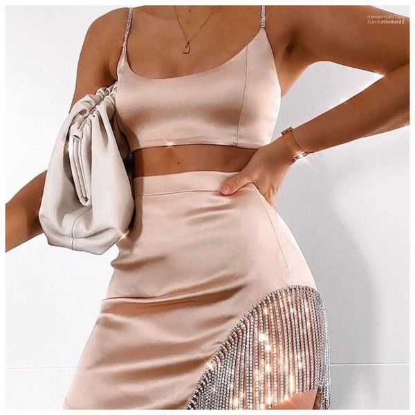 

rhinestone tassel mini two piece dress womens two piece sets womens two piece dress fashion designer spaghetti strap, White