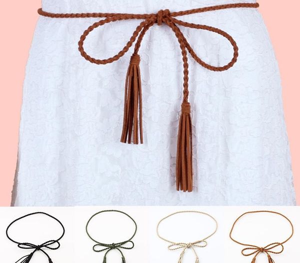 

solid color woven braided belt harajuku waist chain rope 160cm long tassel waistband thin decorated waist belt for women ladies, Black;brown