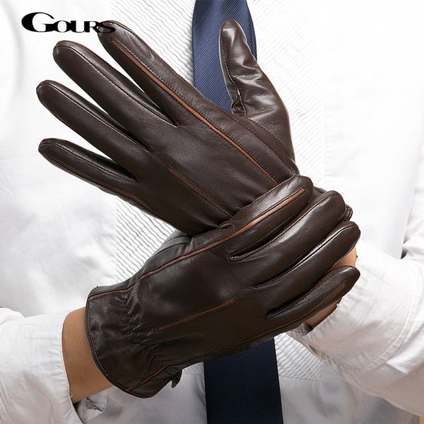 

gours winter new men genuine leather gloves goatskin mittens brown plus velvet warm fashion driving t200915, Blue;gray