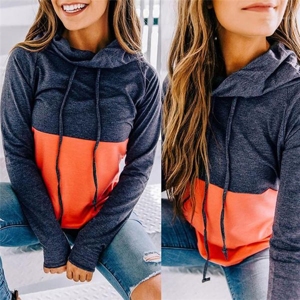 

solid color long sleeve autumn hoodies ladies casual sweatshirts women stacked neck hoodies splice, Black