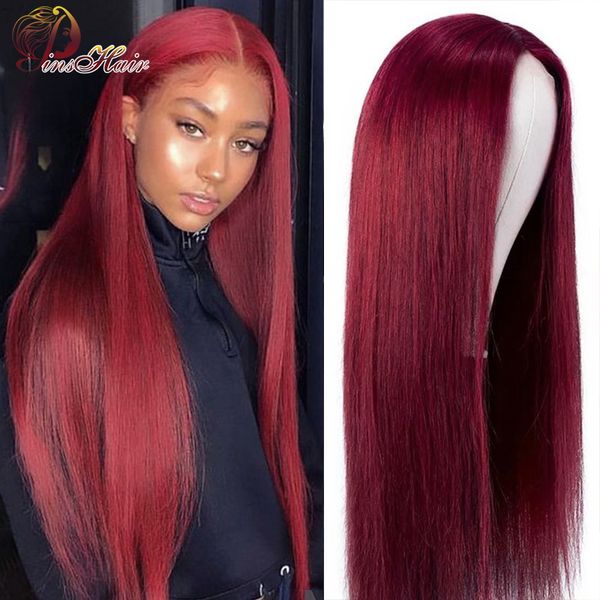 

lace wigs pinshair middle part 13x1 front wig pre-plucked red 99j burgundy peruvian straight hair remy human 150%, Black;brown