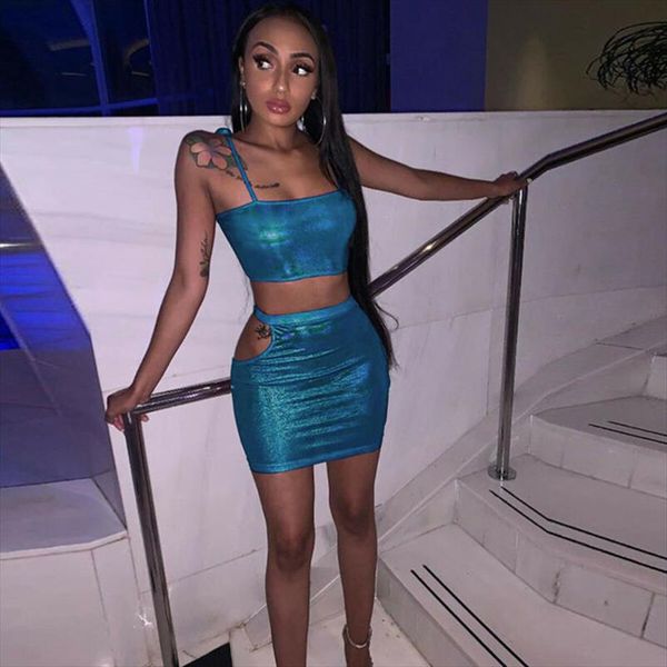 

2pcs women sets short length camis mini pencil skirts soid slim casual glitter sequined bodycon set party club wear, Gray