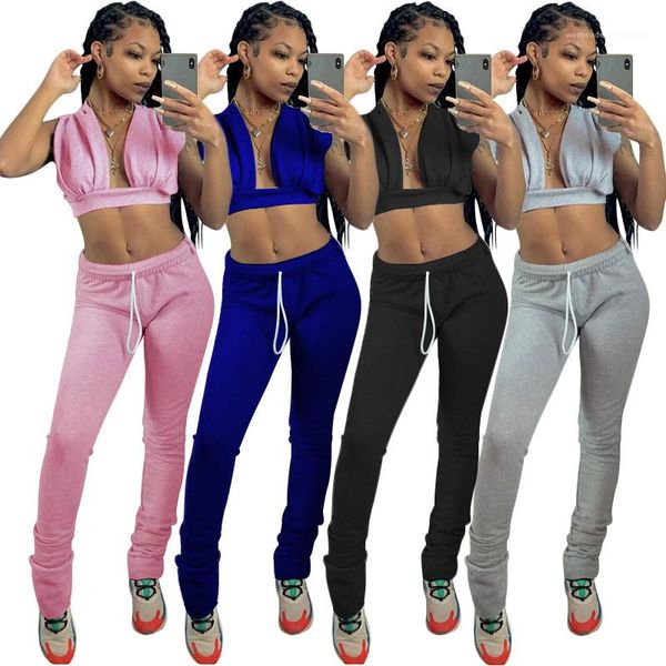 

цвет 2pcs set sexy v шеи длинные брюки костюм женщины 2020 женщин конструктора костюмы спорт casual solid, Gray