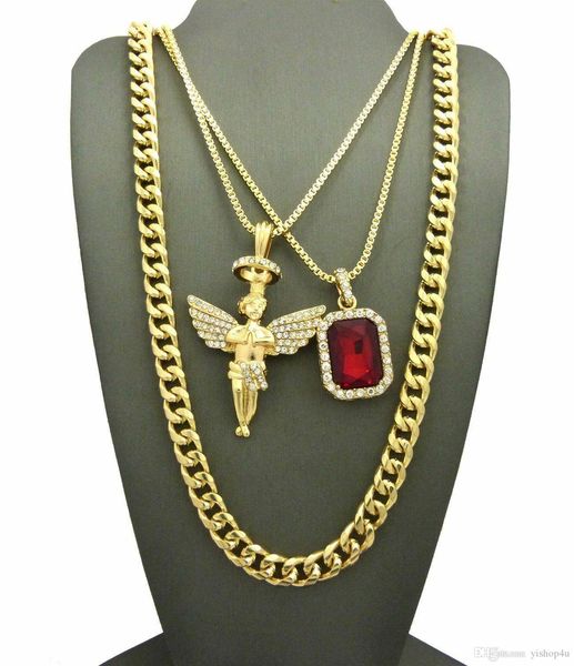 

new iced out angel, red ruby, pendant w/ box & cuban chain necklace 3pcs jewelry set rapper accessories, Silver
