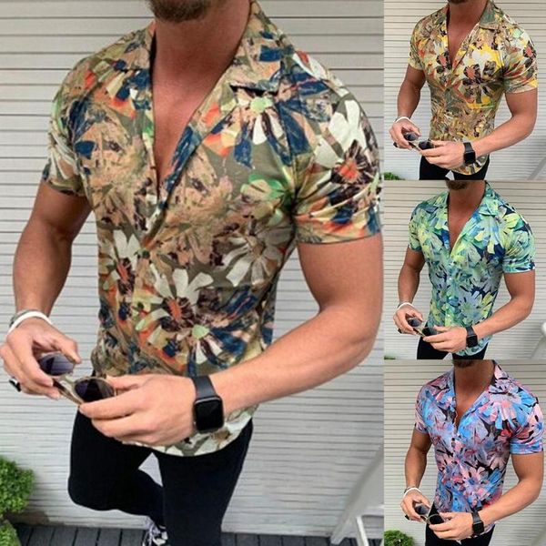 

men's casual shirts hawaiian beach shirt men stylish short sleeve turn down collar floral print blouse buttons, White;black