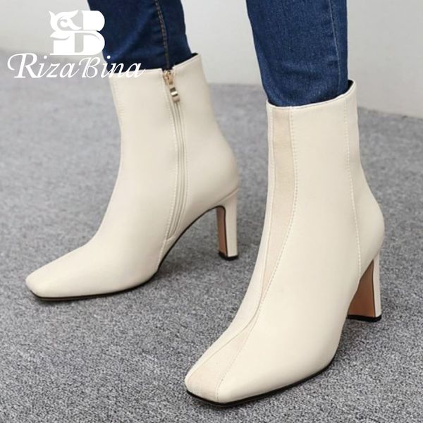 

rizabina women ankle boots square toe thick high heel zipper shoes winter warm boots women fashion footwear size 34-43, Black
