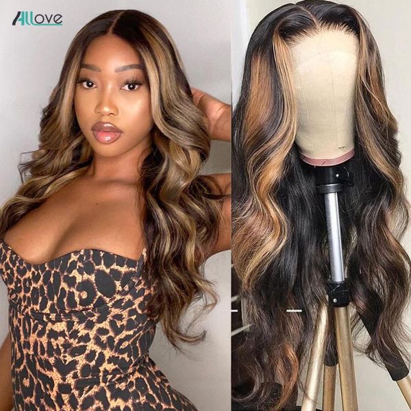 

lace wigs allove honey blonde front body wave wig pre plucked peruvian hair for women highlight human, Black;brown