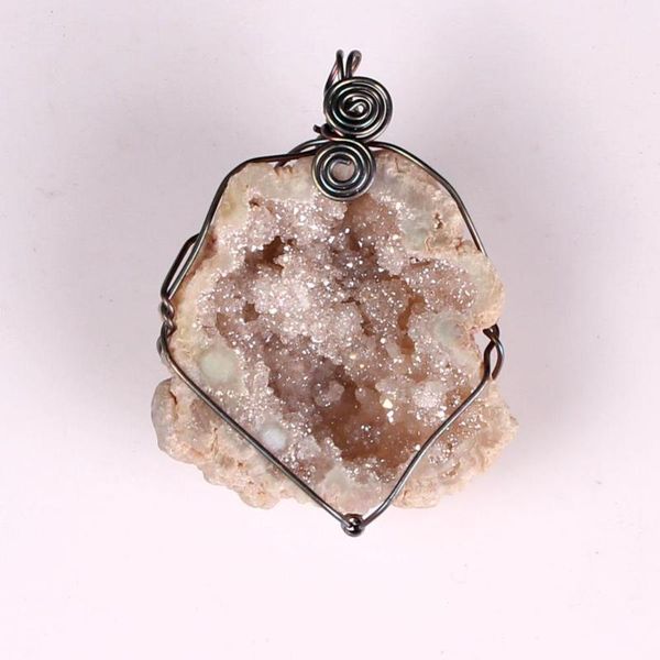 

6 pcs druzy irregular natural stone agates geode necklace pendant copper wire winding healing pendants for women jewelry making, Silver