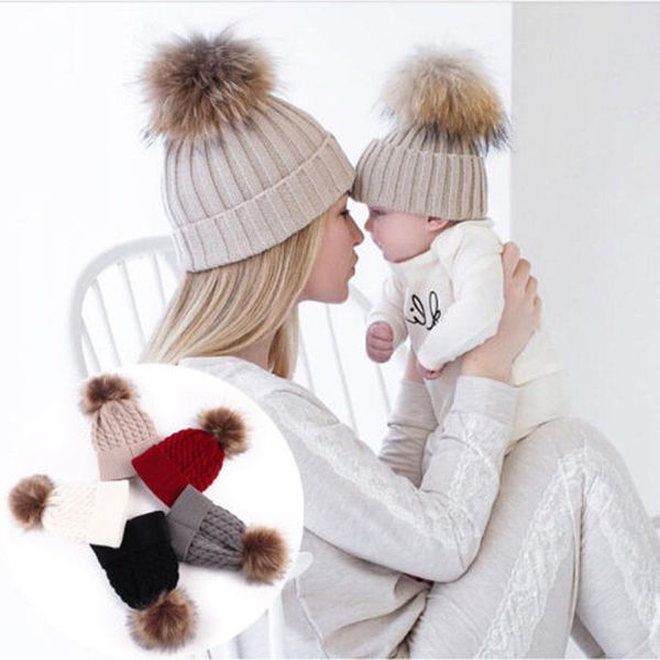 

2pcs mother kid hat warm winter knit beanie faux fur pom hats knitted cap skullies crochet ski caps, Blue;gray