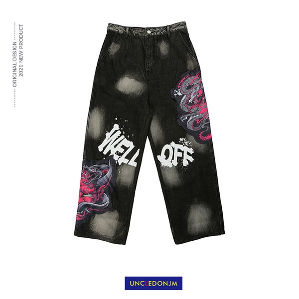 

men's jeans uncledonjm dragon totem patch retro chinese fashion brand hip-hop street casual pants graffiti ad-6002, Blue
