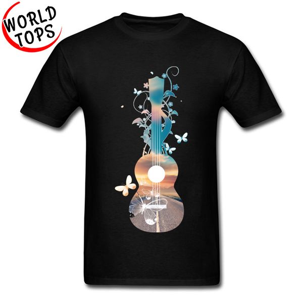

normal customized t-shirt 100% cotton fabric men t shirt hawaii ukulele guitar sunset dream butterflies music classic tshirt