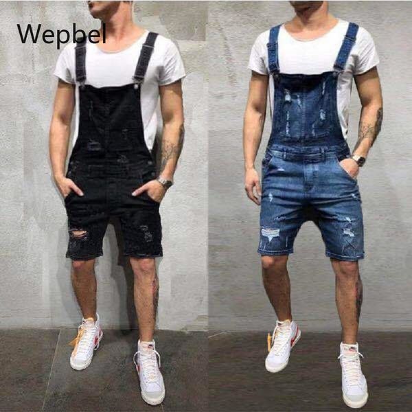 

men's jeans wepbel fashion shorts plus size high wasit suspender denim rompers jumpsuits casual overalls, Blue