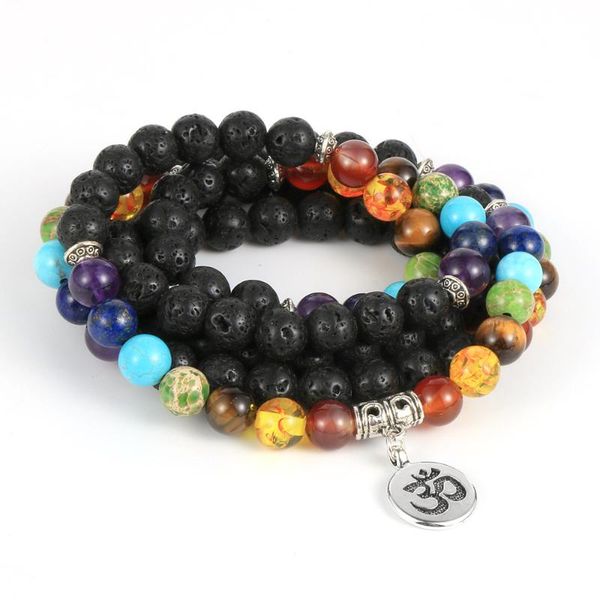 

women men natural stone 7 chakras 8mm beads necklace 108 male beaded stand yoga healing reiki lotus om buddha charm jewelry, Silver
