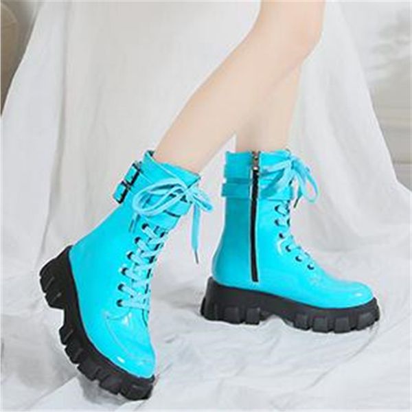 

2020 spring autumn leather shoes women fashion motorcycle ankle boots female square lace up platforms boots woman botas mujer, Black