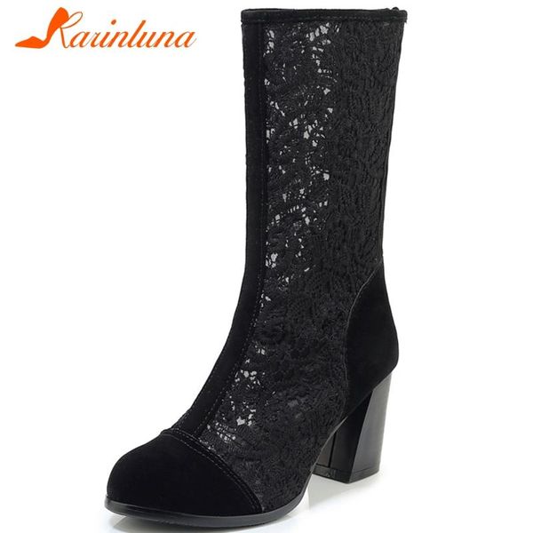 

karin summer breathable mesh boots fashion high hoof heels mid-calf women boots 2020 summer mid-calf women shoes, Black