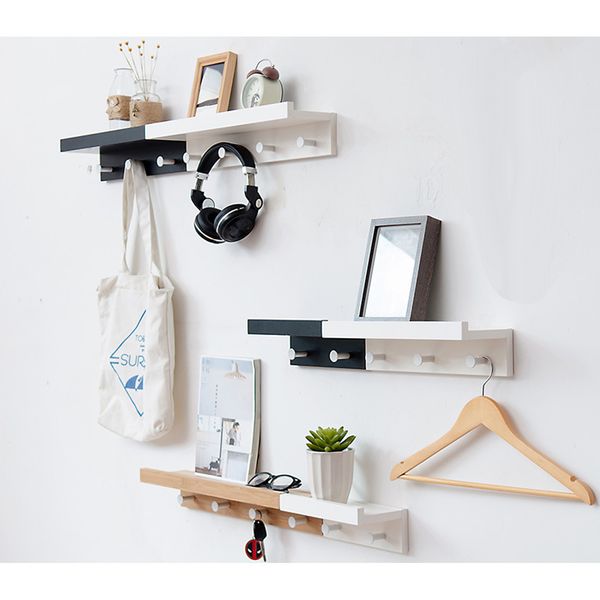 

bamboo wall mounted storage shelf with zinc alloy hooks for home