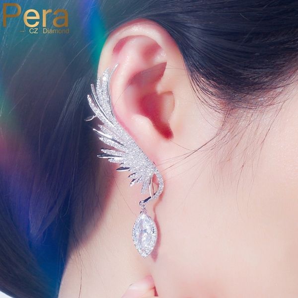 

pera fashion white cubic zirconia long angel wing leaf dangle drop stud earrings for women ear cuff daily party jewelry e460, Golden;silver
