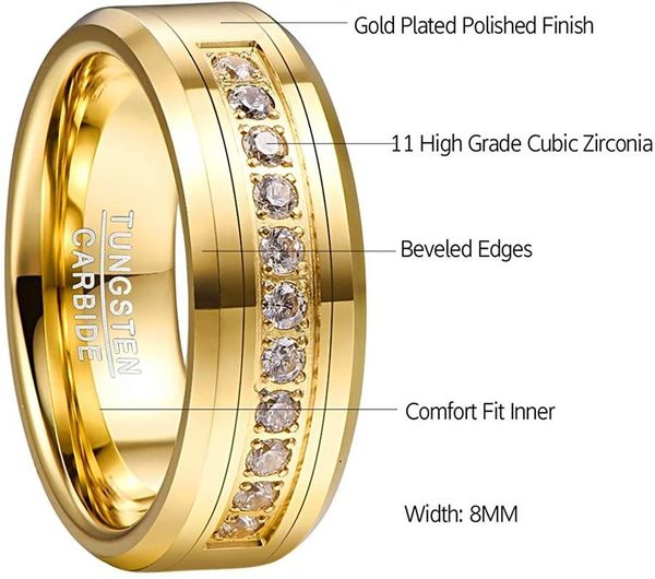 Eheringe VAKKI Herren 8 mm Wolframkarbid-Ringband mit rundem Zirkonia, vergoldet, CZ, Verlobungsgröße 7–12