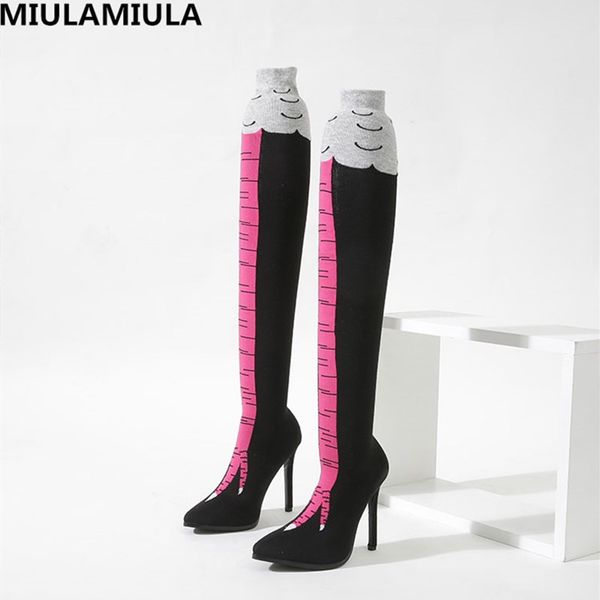 

2020 winter fashion striped high thin heels thigh high boots stretch fabric over the knee socofy shoes women sock boots, Black