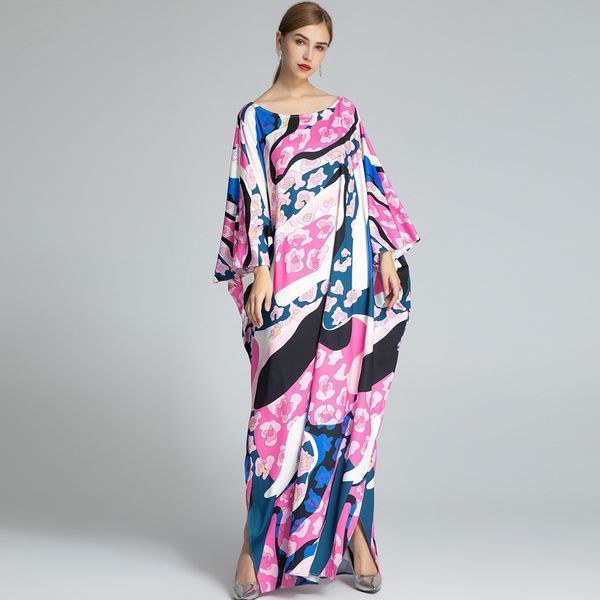 

women's runway dresses o neck batwing sleeves knitted printed elegant long autumn robes high street casual vestidos, Black