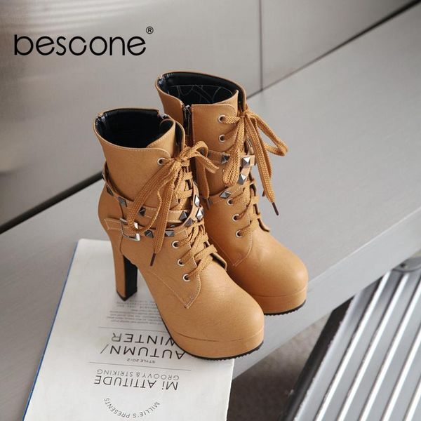 

boots bescone handmade lady mid-calf winter platform lace-up super high heel shoes women solid round toe bm311, Black
