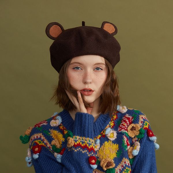 

high fashion wool felt cute bear ears beret handmade small brown bear hat female boina invierno hombre, Blue;gray