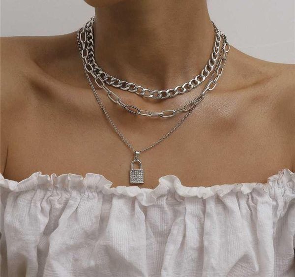 

xinsom punk multilayers lock pendant necklace for women gold silver color crystal padlock statement necklace fashion002