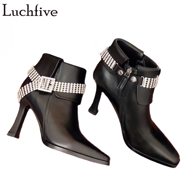 

boots diamond chains leather women pointy toe ladies shoes high heels ankle runway black white woman