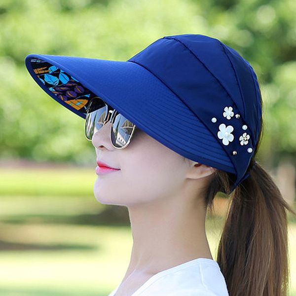 

women sun hat outdoor wide brim cap foldable summer beach uv visor, Blue;gray