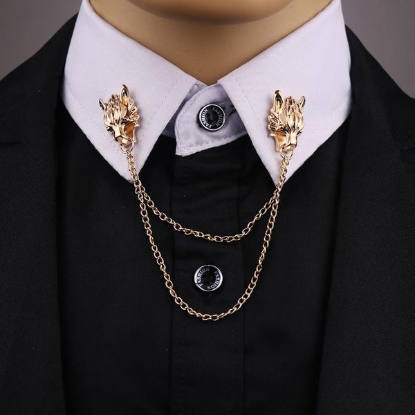 

personality fashion alloy wolf brooch pin clothing shirt collar lapel pins metal long chain tassel brooches gift for men jewelry, Gray