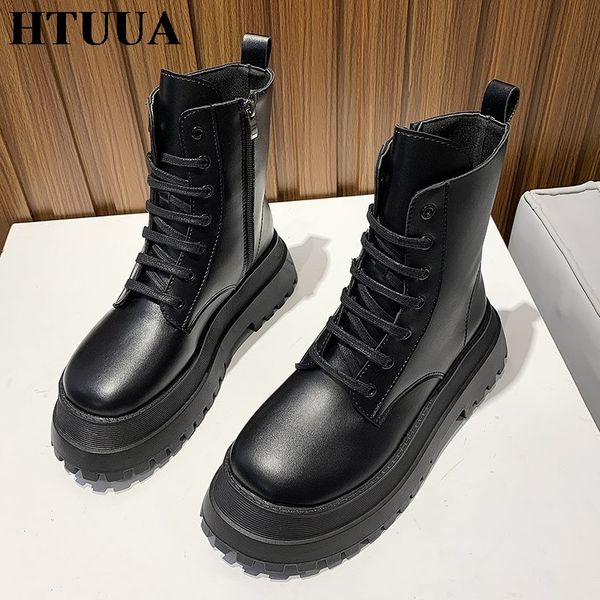

htuua 2020 new women's ankle boots autumn shoes woman black motorcycle boots women casual lace-up platform sx4337