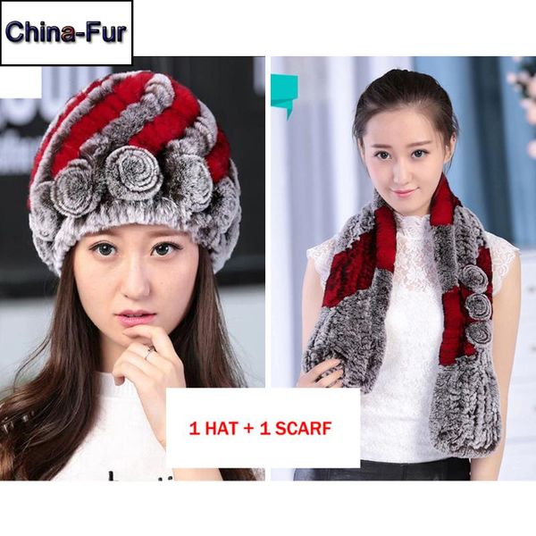 

new fashion women genuine real rex fur hat with rex fur scarf knitted 2 pieces real cap and scarf, Blue;gray