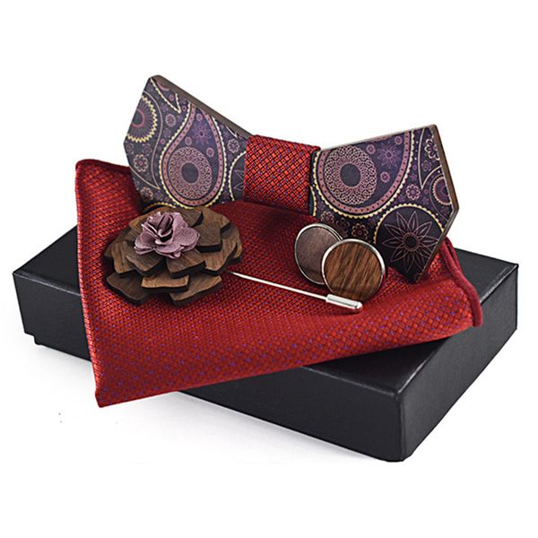 

dropshipping men gift items brooch pin cufflink mens print floral wood bow tie set with kerchief box for women, Blue;purple