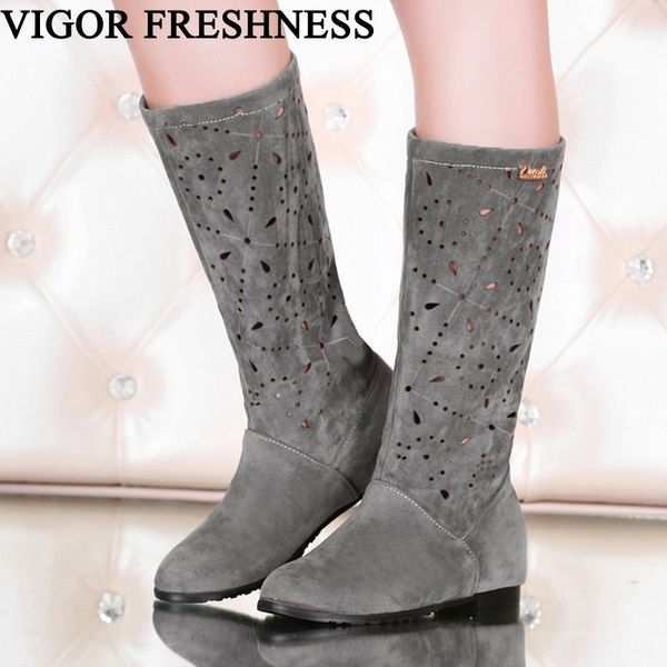 

boots vigor freshness women shoes spring mid calf woman cutout ladies party autumn eyelet summer my174b, Black