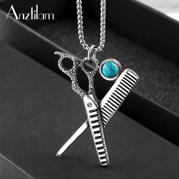 

anztilam all new fashion barber scissor comb stylist hip hop necklace round cross chain short long women silver color necklace