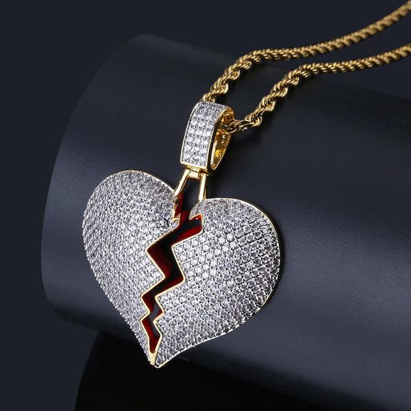 

new solid broken heart lced out necklace & pendant charm for men women gold color cubic zircon necklace hip hop jewelry, Silver