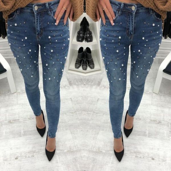 

women stretch slim skinny jeans 2020 zipper pearl high waisted female jeans casual pencil pants push up jean femme, Blue