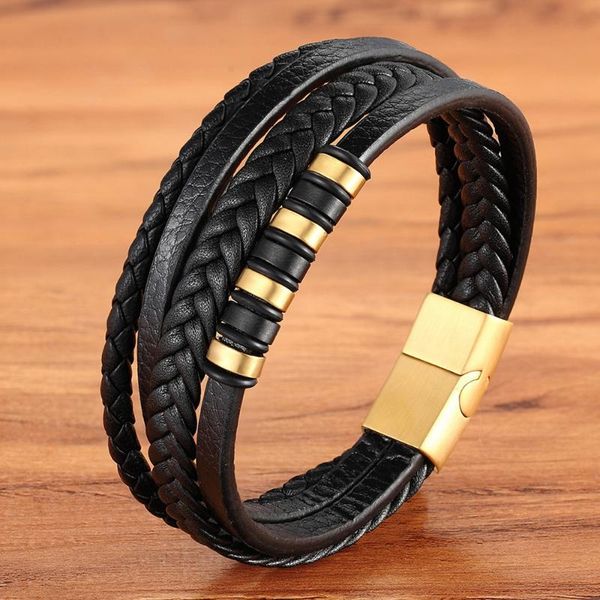 

charm bracelets fashion multi-layer woven leather and stainless steel combination men's bracelet black brown male jewelry gift, Golden;silver