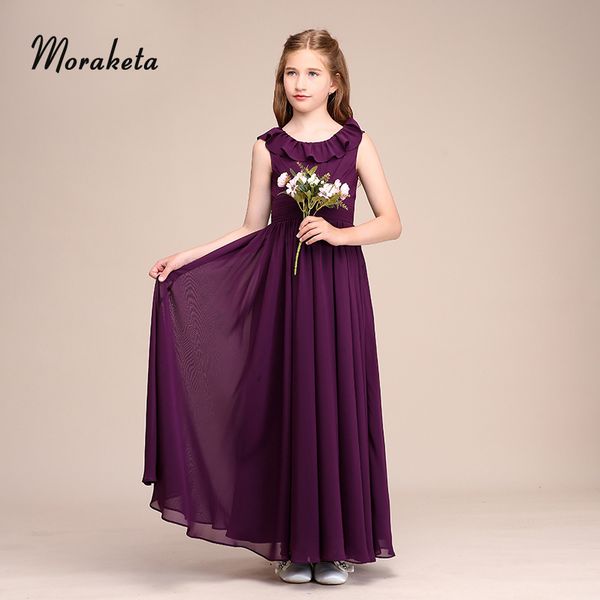 

girl's dresses a-line ankle-length chiffon flower girl for wedding party scoop neck sleeveless long purple junior bridesmaid, Red;yellow