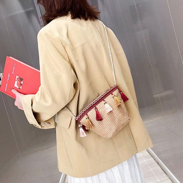 

shoulder bags women retro women's beach straw ethnic wind ribbon tassel bag crossbody luxury handbags bolsa feminina 2.21