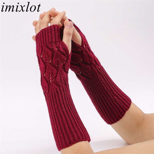

imixlot fashion autumn winter women warmth knitted arm long fingerless gloves hollow-out leaf crochet comfortable gloves, Blue;gray