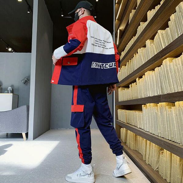 

2020 fashion 2 pieces sets mens cargo zipper tracksuit with pockets jackets and fit elastic waist pants track suit, Gray